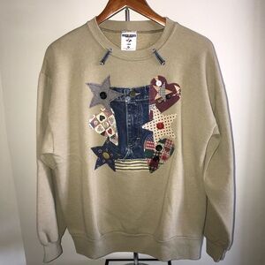 Vintage handmade Jerzees Tan Crewneck Sweater with Stars and Hearts - Size Large